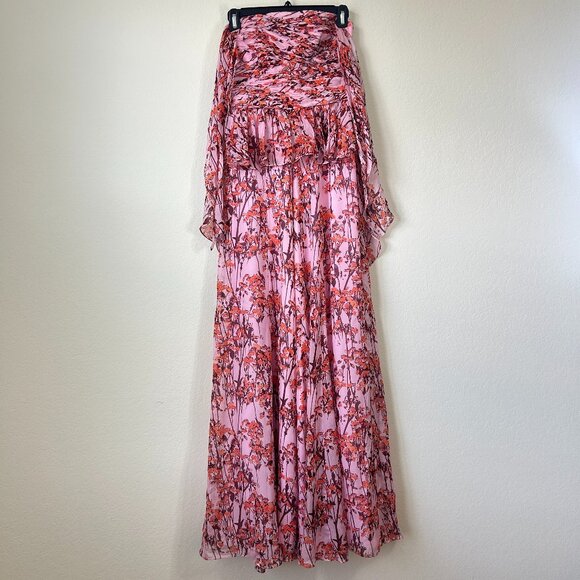 Flor Et Al Jumpsuit Womens 0 Pink Floral Print Silk Tie Sleeve Wide Leg Formal - Picture 2 of 9